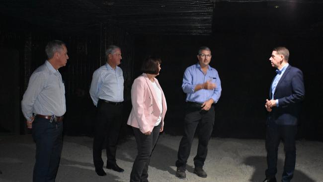 Mackay Mayor Greg Williamson, Resource Industry Network acting managing director Mark Walter, RIN's Tony Caruso, Mackay MP Julieanne Gilbert and Treasurer Cameron Dick at the underground mining simulator. Picture: Melanie Whiting