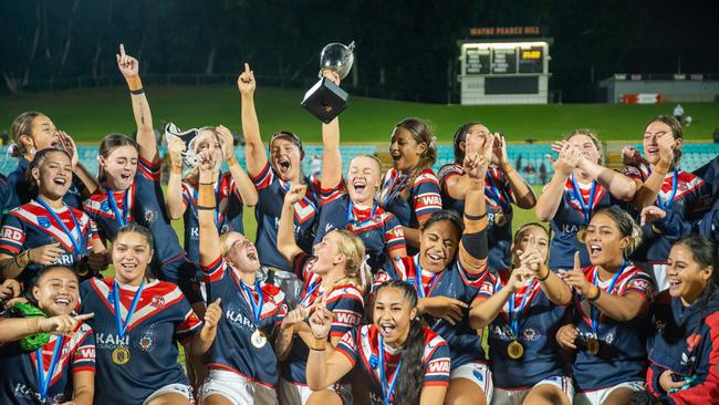 The Sydney Roosters Indigenous Academy celebrate their win. Picture: Thomas Lisson