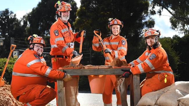 SES Mount Barker volunteers Cameron Dangerfield, Rob Brumfield, Elissa Sampson and Mel Crossing, have been handing out sandbags in preparation for the stormy weather. Picture: Tricia Watkinson