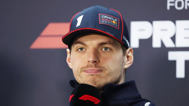 BAHRAIN, BAHRAIN - FEBRUARY 27: Max Verstappen of the Netherlands and Oracle Red Bull Racing is interviewed in the Press Conference during day two of F1 Testing at Bahrain International Circuit on February 27, 2025 in Bahrain, Bahrain. (Photo by Clive Rose/Getty Images)