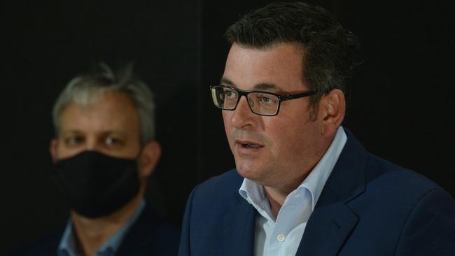 Premier Daniel Andrews and chief health officer Brett Sutton make regular appearances on the daily Covid-TV reality show. Picture: NCA NewsWire / Andrew Henshaw