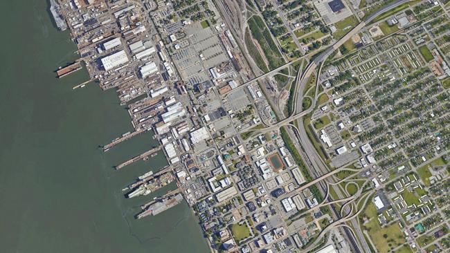 Newport Naval Base is situated just kilometres from Langley. It’s one of two major ports used by US nuclear-powered aircraft carriers. Three can be seen tied up to the wharves in the picture above. Source: Google Earth.