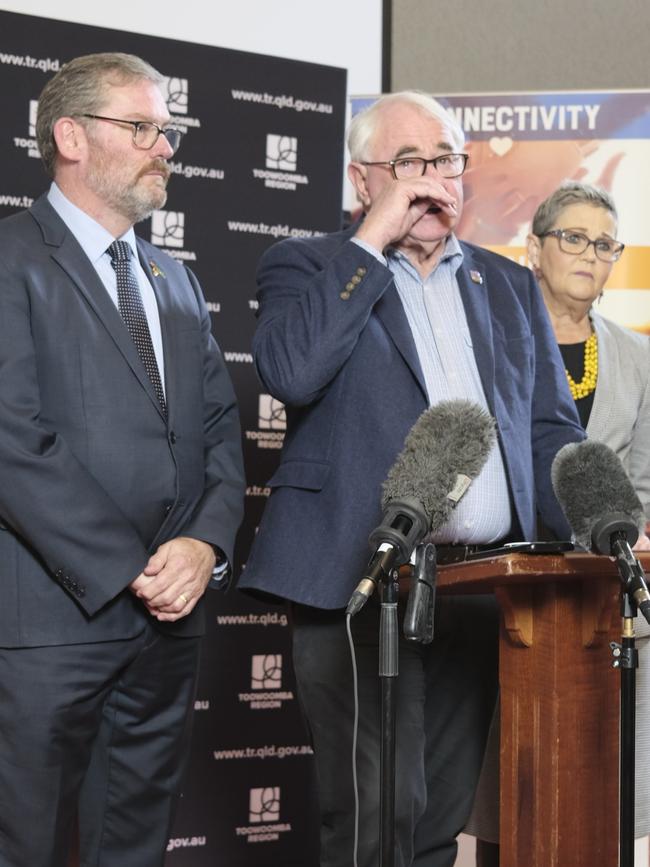 Toowoomba mayor Paul Antonio, pictured with former Groom MP John McVeigh and Lockyer Valley mayor Tanya Milligan, announces his retirement, July 6, 2023.