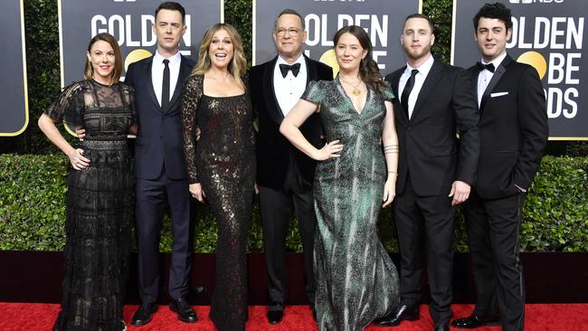 Samantha Bryant (Colin’s wife), Colin Hanks, Rita Wilson, Tom Hanks, Elizabeth Hanks, Chet Hanks, and Truman Theodore Hanks at this year’s Golden Globes. Picture: Frazer Harrison/Getty Images