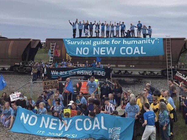 Earlier the group had a hundred people gathered beside the rail-line into the world’s biggest coal port, supporting around 50 community members as they were arrested while occupying the train. Picture: Supplied