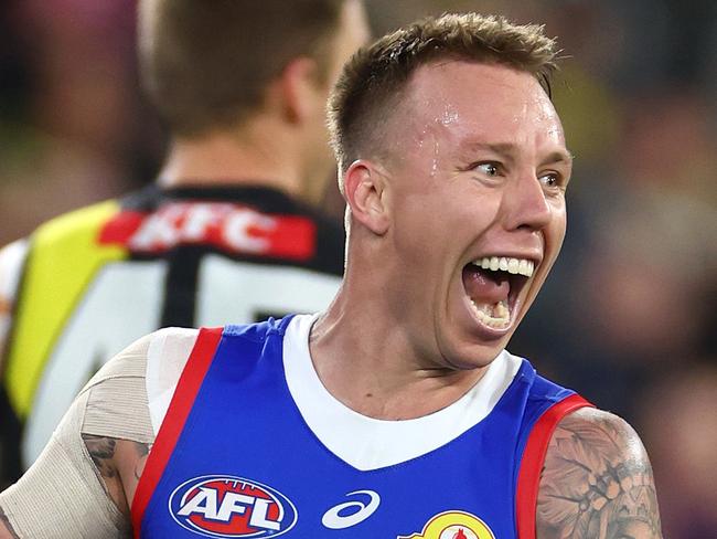 MELBOURNE, AUSTRALIA - MAY 11: James Harmes of the Bulldogs celebrates kicking a goal during the round nine AFL match between Richmond Tigers and Western Bulldogs at Melbourne Cricket Ground, on May 11, 2024, in Melbourne, Australia. (Photo by Quinn Rooney/Getty Images)