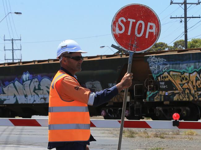 Follow up to train close shave. Trains going through crossing at Thompson Rd, North Geelong. Picture: Peter Ristevski