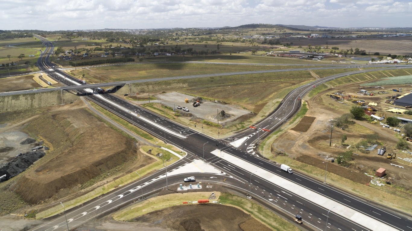 Warrego Hwy western interchange at Charlton looking east of the Toowoomba Second Range Crossing.