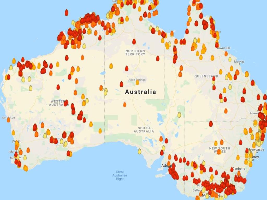 Bushfires around Australia on Monday, November 25. Source: My FireWatch.