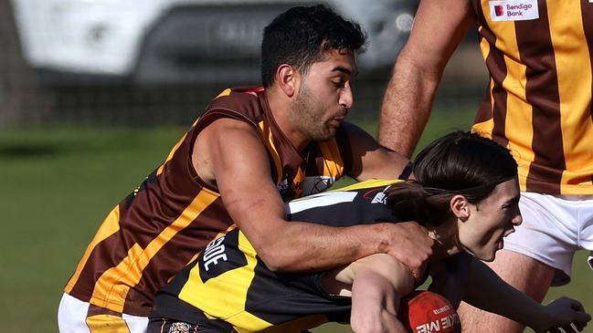 RDFNL: Lancefield v Woodend-Hesket: Lachlan Giles of Lancefield is tackled by Kyle Baker of Woodend-Hesket at Lancefield Park on Saturday July 8, 2023 in Lancefield, Australia.Photo: Hamish Blair