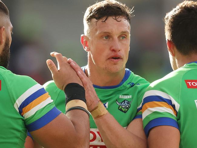 CANBERRA, AUSTRALIA - APRIL 16:  Jack Wighton of the Raiders  celebrates with team mates after victory during the round seven NRL match between Canberra Raiders and St George Illawarra Dragons at GIO Stadium on April 16, 2023 in Canberra, Australia. (Photo by Mark Metcalfe/Getty Images)