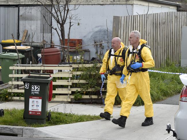 Police at a house on Bicknell Court in Broadmeadows where four people were found dead. Picture: Andrew Henshaw