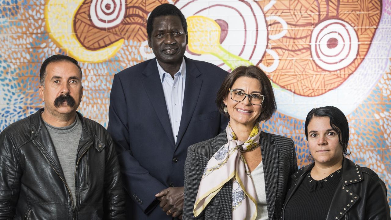 Concerned about cuts to TRAMS funding are (from left) Dakhil Alazeez, TRAMS settlement officer Akol Liai, CatholicCare CEO Kate Venables and Amshe Bakr. Picture: Kevin Farmer