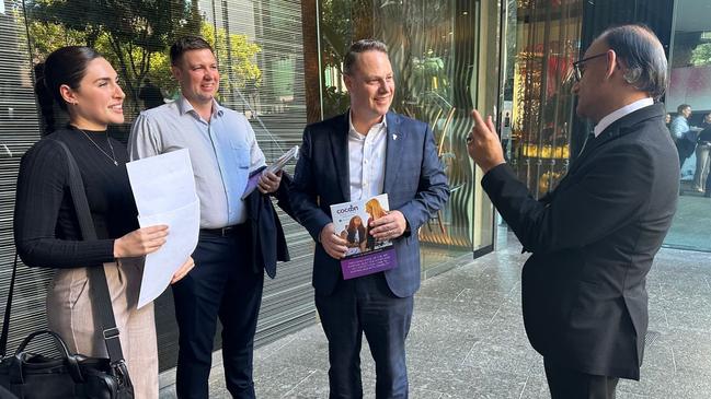 Mr Khan, right, meets Brisbane Lord Mayor Adrian Schrinner, second from right, with his executive assistant and former Bachelor contestant Marg Irving in 2023 after the company donated $30,000 to the LNP. Picture: LinkedIn