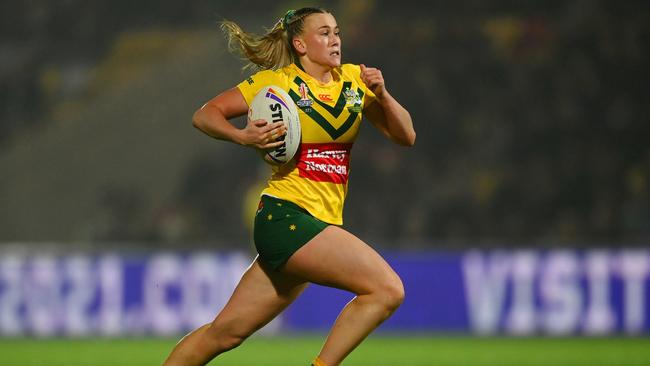 Jaime Chapman of Australia breaks with the ball during the Women's Rugby League World Cup Semi-Final match between Australia and Papua New Guinea at LNER Community Stadium on November 14, 2022 in York, England. (Photo by Gareth Copley/Getty Images)