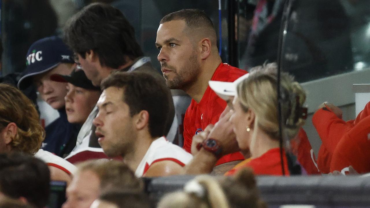 Lance Franklin of the Swans is seen siting on the interchange bench after being subbed out of the game. Picture: Daniel Pockett/Getty Images
