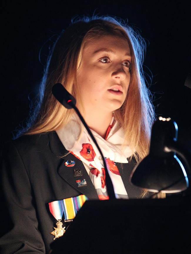 Isobel Cameron addresses the dawn service at the Longford Cenotaph. Picture: ROSS MARSDEN