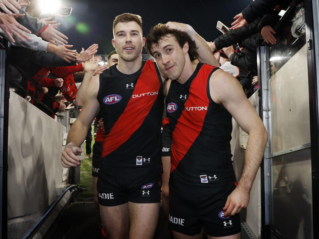 Zach Merrett and Andrew McGrath celebrate a win at the MCG. Picture: Michael Klein