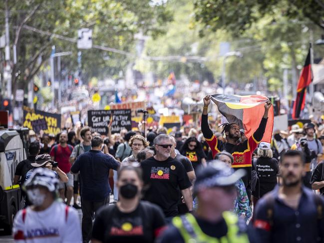 This year’s Australia Day protest risks disrupting the men’s singles final at the Australian Open. Picture: Jake Nowakowski