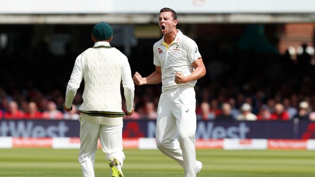 Australia's Josh Hazlewood celebrates taking the wicket of England captain Joe Root. Picture: AFP