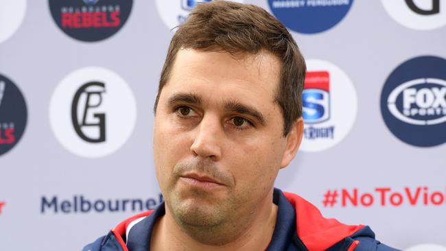 Melbourne Rebels coach Dave Wessels speaks to the media during a media opportunity at AAMI Park in Melbourne, Wednesday, May 2, 2018. The Rebels and Rugby Victoria have teamed up with Legacy Property and Investment Group on a two year sponsorship deal. The new partnership will deliver a program of community initiatives designed to promote inclusion and combat social inequity, violence and injustice. (AAP Image/Andy Brownbill) NO ARCHIVING