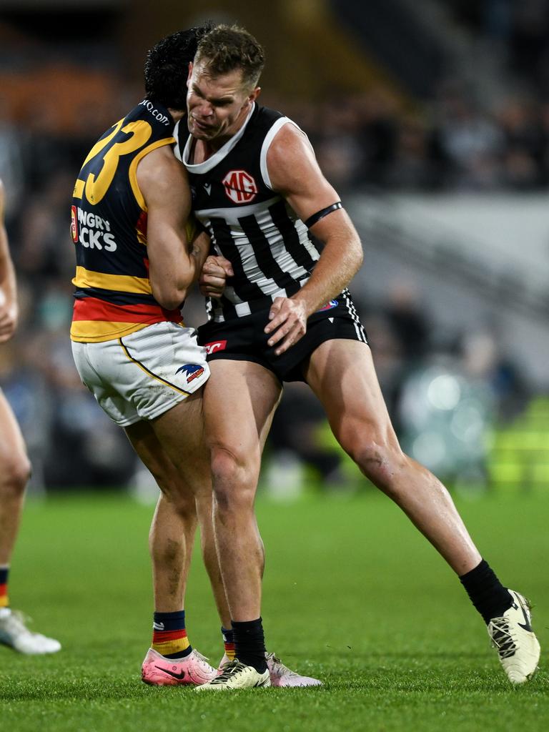 Dan Houston bumps Izak Rankine on Saturday night. Picture: Mark Brake/Getty Images