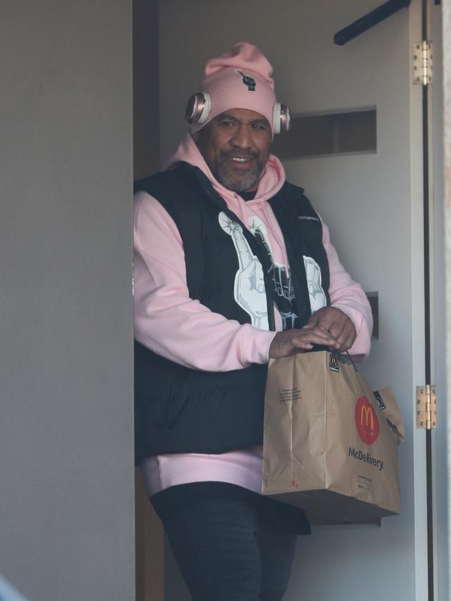 Jamil Hopoate leaves his son’s western Sydney bail address for court. Picture: John Grainger