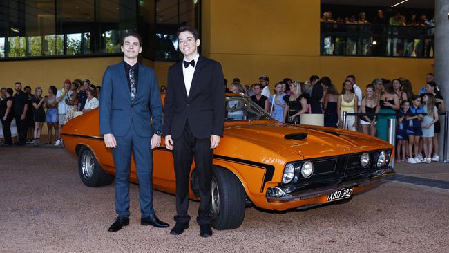 Lachlan Fern and Harry Horton arrive at the Trinity Bay High School formal evening, held at the Cairns Convention Centre. Picture: Brendan Radke