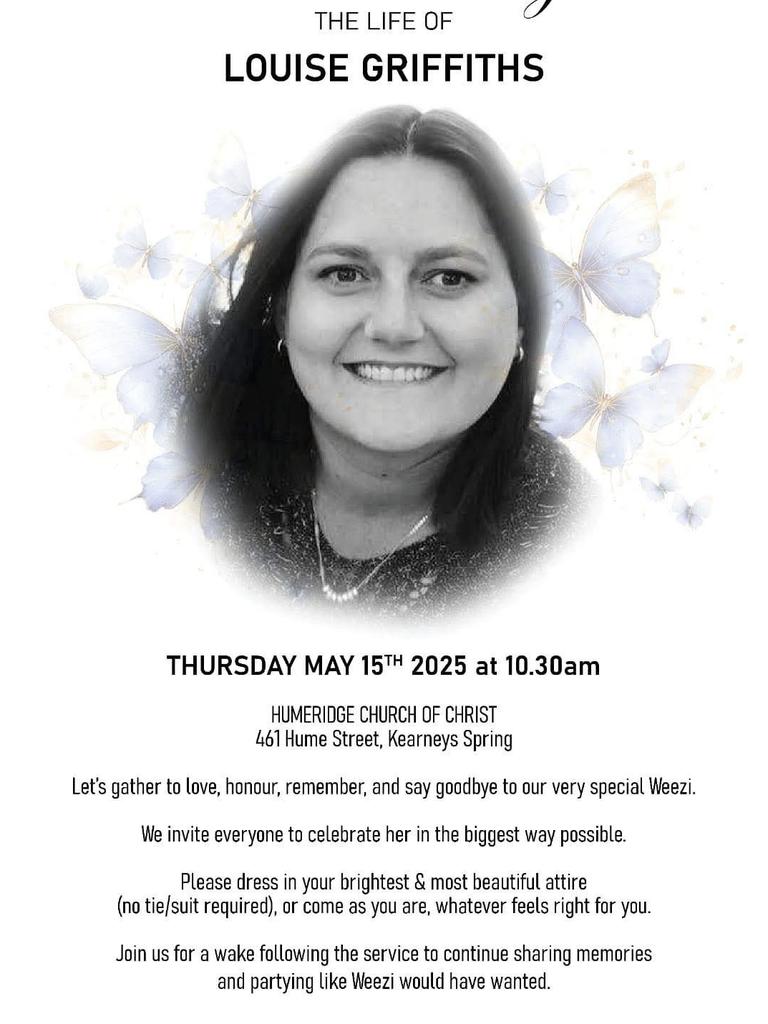 Funeral notice for Louise Griffiths, beloved Toowoomba mother and community advocate. Picture: Facebook