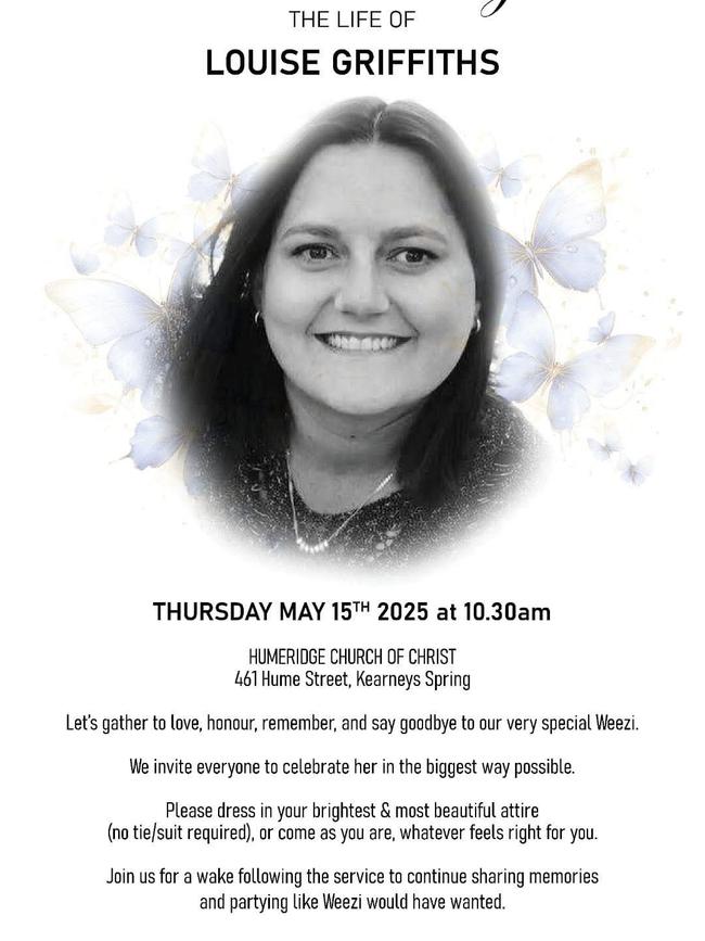 Funeral notice for Louise Griffiths, beloved Toowoomba mother and community advocate. Picture: Facebook