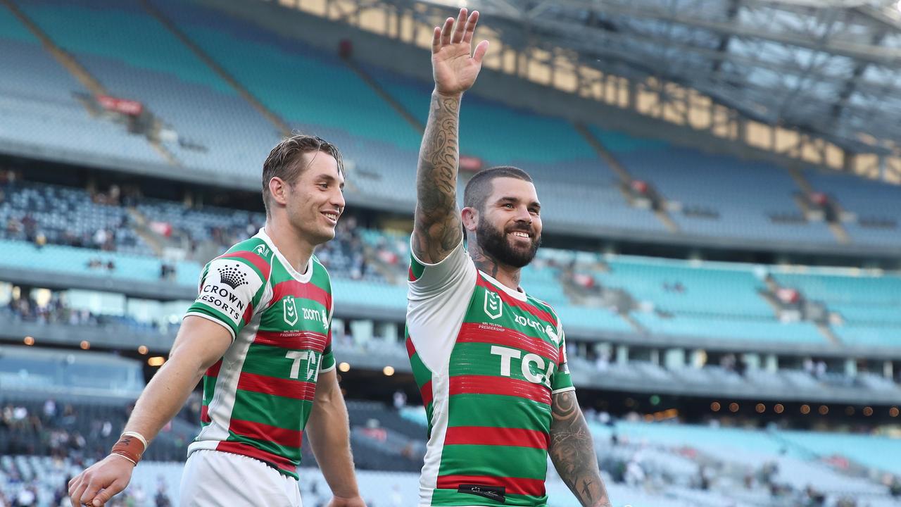 SYDNEY, AUSTRALIA - APRIL 02: Adam Reynolds of the Rabbitohs and Cameron Murray of the Rabbitohs thank fans after winning the round four NRL match between the Canterbury Bulldogs and the South Sydney Rabbitohs at Stadium Australia, on April 02, 2021, in Sydney, Australia. (Photo by Cameron Spencer/Getty Images)