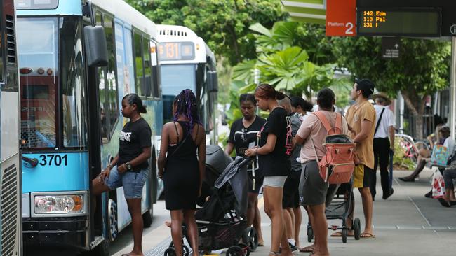 Public transport users embark a Sunbus public bus at the city's main bus stop in Lake Street, Cairns. There are calls for tighter security following an attack on a driver on Saturday. Picture: Brendan Radke