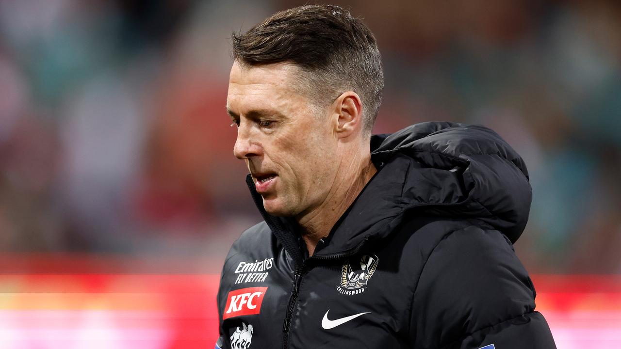 SYDNEY, AUSTRALIA - AUGUST 09: Craig McRae, Senior Coach of the Magpies looks on during the 2024 AFL Round 22 match between the Sydney Swans and the Collingwood Magpies at The Sydney Cricket Ground on August 09, 2024 in Sydney, Australia. (Photo by Michael Willson/AFL Photos via Getty Images)