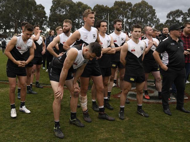 Ringwood players after the final siren. Picture: Andy Brownbill