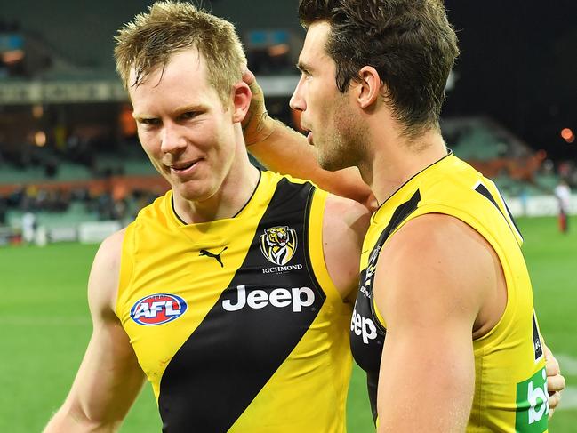 ADELAIDE, AUSTRALIA - JULY 01:  (L-R) Jack Riewoldt celebrates with Alex Rance of the Tigers after defeating the Power during the round 15 AFL match between the Port Adelaide Power and the Richmond Tigers at Adelaide Oval on July 1, 2017 in Adelaide, Australia.  (Photo by Daniel Kalisz/Getty Images)