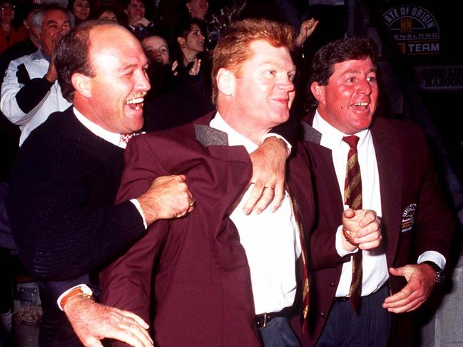 Wally Lewis, Paul Vautin and Chris Close celebrate beating the Blues 20-12 and claiming the series in Game Two at the MCG in 1995.