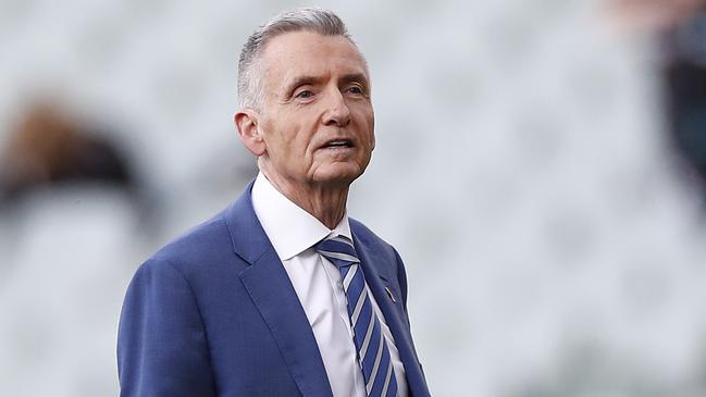 Commentator Bruce McAvaney before one of the few live games he’d call in person for the 2020 AFL season. Picture: Ryan Pierse/Getty Images.