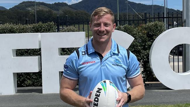 NRL Sharks player Lachlan Miller in Coffs Harbour at the NSW Government, announcement that Sharks will play another home game at the Ce.x Stadium in front of 10,000 fans in 2023. Picture: Matt Gazy