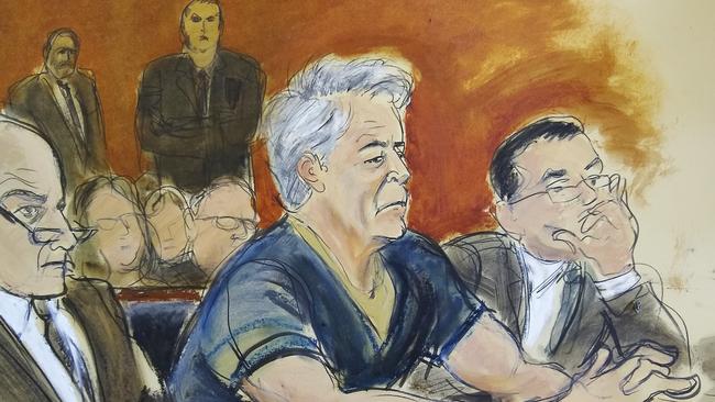 In this courtroom artist's sketch, defendant Jeffrey Epstein, centre, sits with lawyers during his arraignment in New York federal court on Monday. Epstein pleaded not guilty to federal sex trafficking charges. Picture: Elizabeth Williams via AP