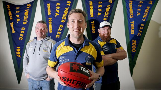 Old Scholars Football Association club St Virgils defeated Hutchins over the weekend to break a 1099-day cold streak. From left, coach Matthew Tyrell, player Liam Rice and president Matthew Rice. Picture: PATRICK GEE