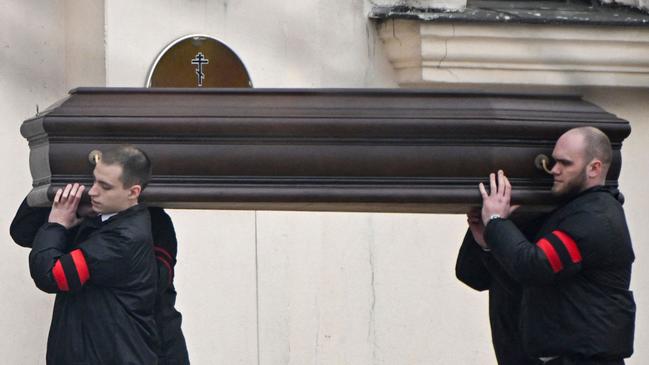 The coffin of Russian opposition leader Alexei Navalny was carried into a Moscow church on Friday. Picture: AFP