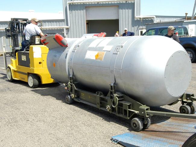 Workers moving a B53 bomb at the Pantex Plant in Amarillo, Texas. It is last of the nation's most powerful nuclear bombs. Picture: US Department of Energy. / AFP