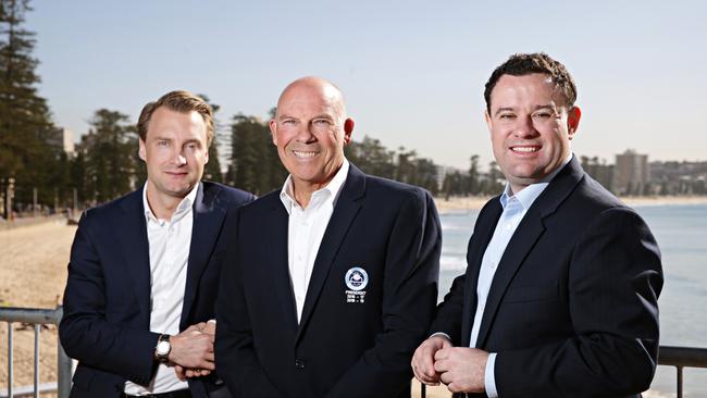 Manly MP James Griffin, Manly SLSC president Chris Bell and Sports Minister Stuart Ayres at Manly Life Saving club. Picture: Adam Yip / Manly Daily