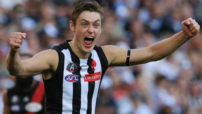 Darcy Moore celebrates a goal on Anzac Day. Picture: Wayne Ludbey