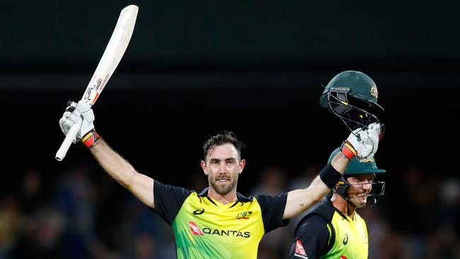 Glenn Maxwell celebrates bringing up a century with a six from the last ball of Australia’s T20 win over England last summer. Picture: Getty