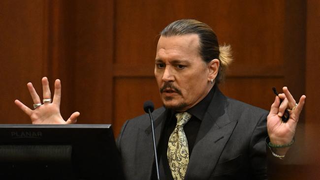 US actor Johnny Depp testifies during his defamation trial in the Fairfax County Circuit Courthouse in Fairfax, Virginia.