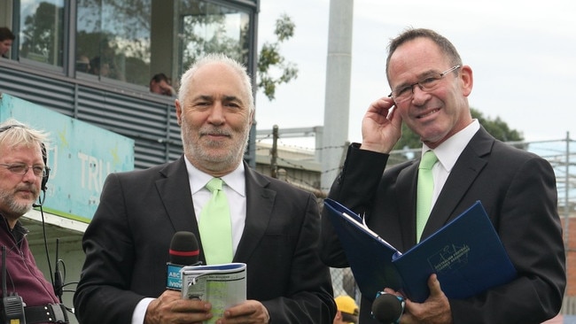 Phil Cleary with Ross Booth at the football when calling for the ABC. Photo: Facebook/ @PhilCleary