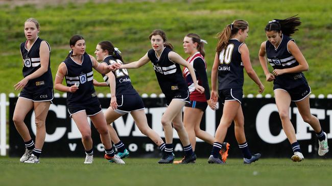 Rosie Finster of Caulfield Grammar celebrates a goal. Picture: Dylan Burns/AFL Photos via Getty Images