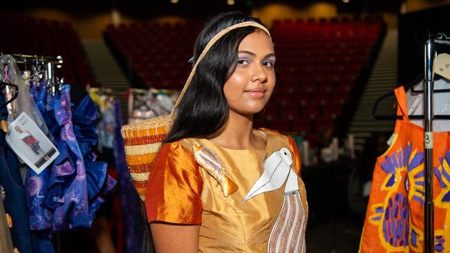 Kiani Thompson at the 2024 Country to Couture at the Darwin Convention Centre showcases hand-designed First Nations fashion. Picture: Pema Tamang Pakhrin