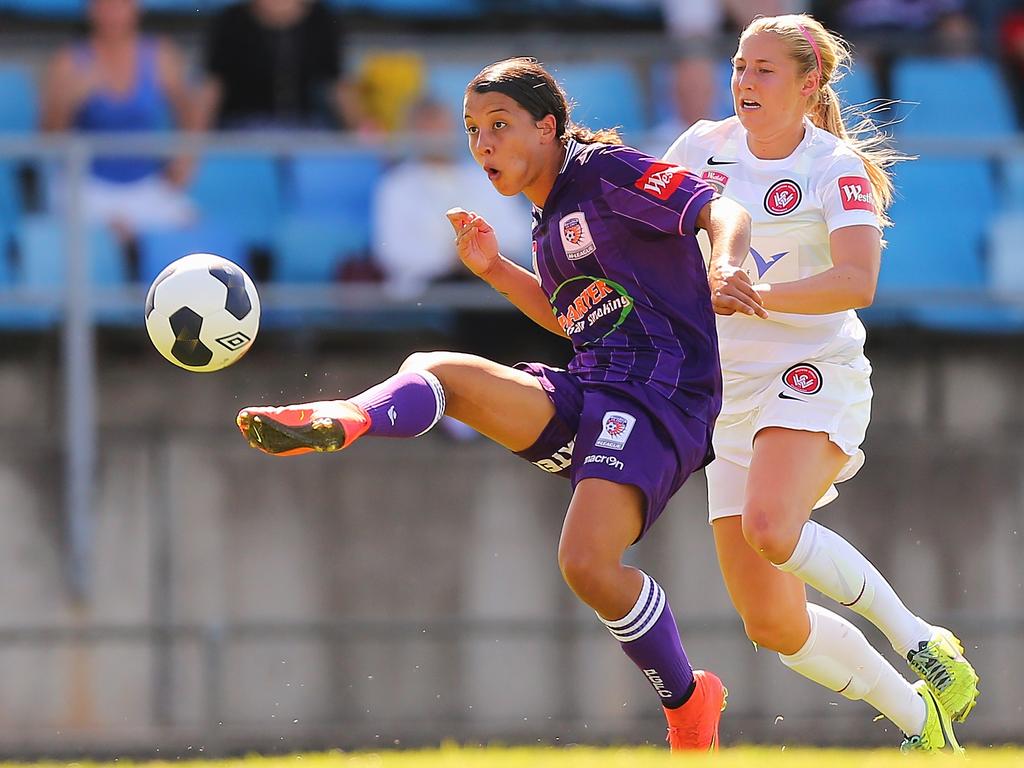 Sam Kerr takes an audacious shot on goal during a rout of Western Sydney in 2014. Picture: Joosep Martinson/Getty Images